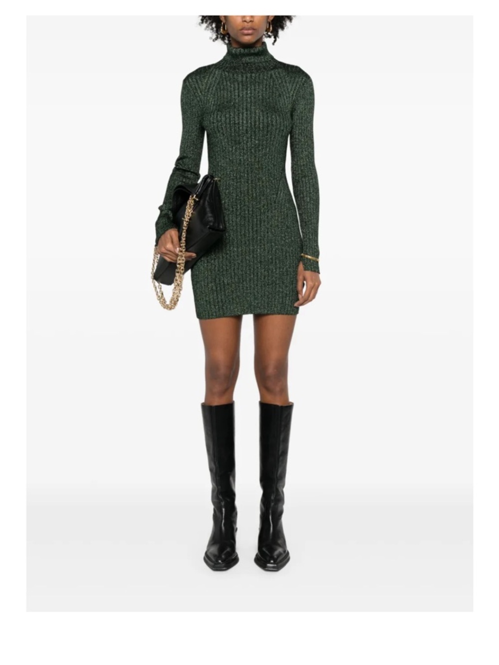 AllSaints Dark Green Ribbed Long-Sleeve Mini Dress